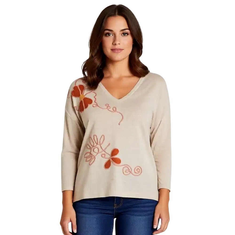 Aaeda Women Cream Floral Embroidered V-Neck Knit Sweater Top NWT Size L